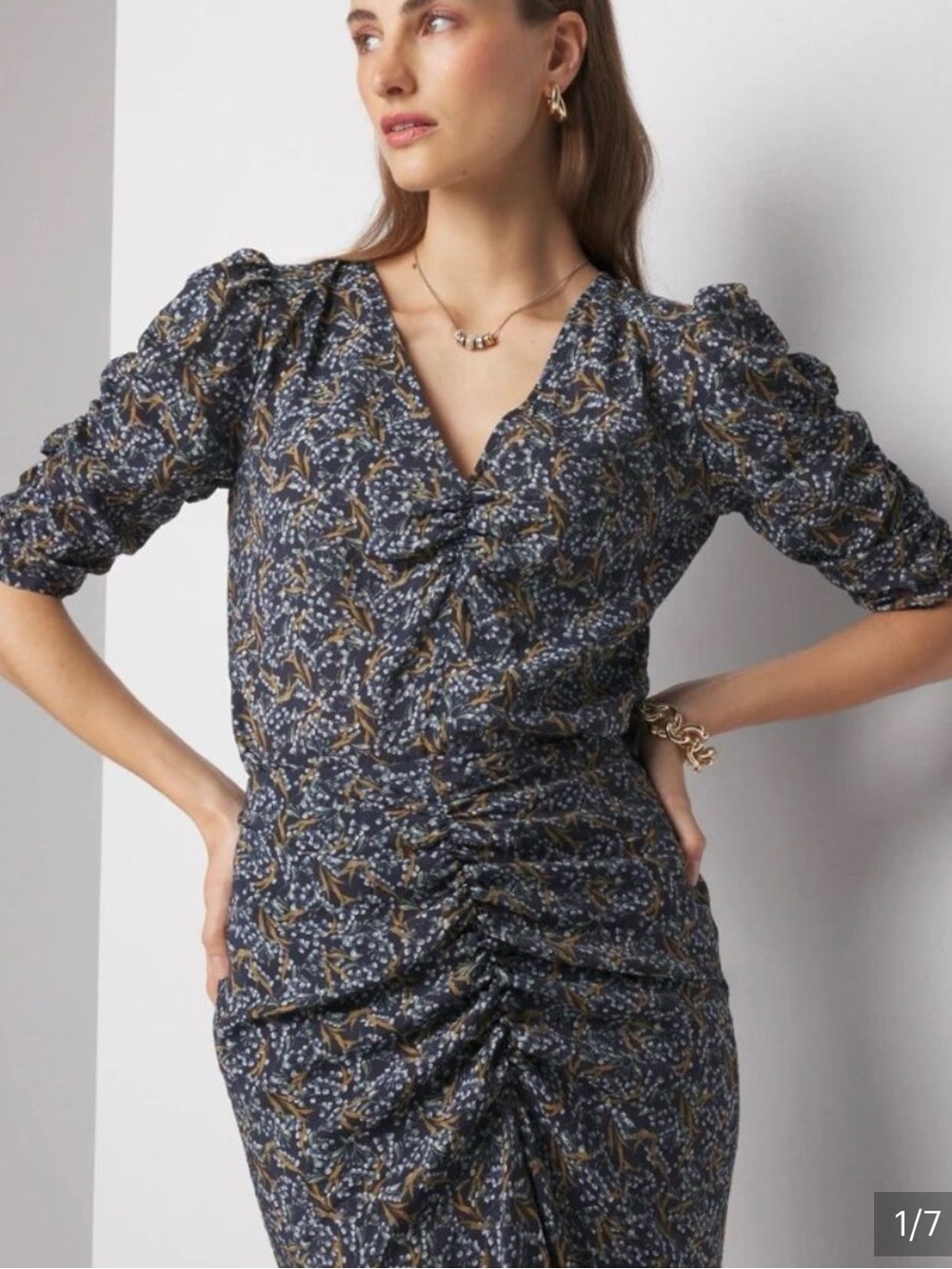 SET: WHBM Ruched V-Neck Floral Print Women's 3/4 Ruched Blouse and Skirt